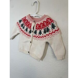Starting Out Baby Girls 3M Fair Isle Christmas Tree Sweater Cardigan Cream Red